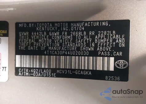 2004 Toyota Camry Solara Sle V6 z USA, uszkodzony, nr VIN 4T1CA30P44U020030